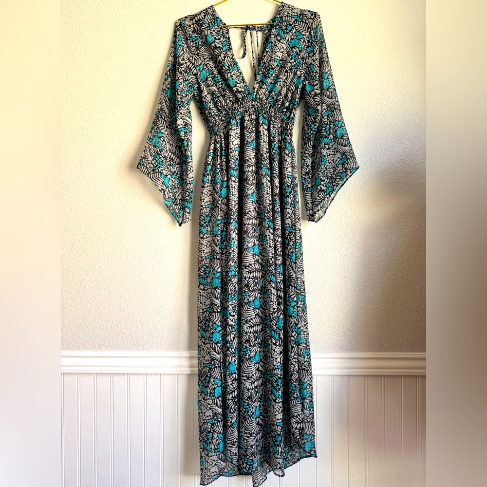 MISA Los Angeles Maxi Pattern Dress XS Bell Sleeve Cinched Waist Boho Peasant
